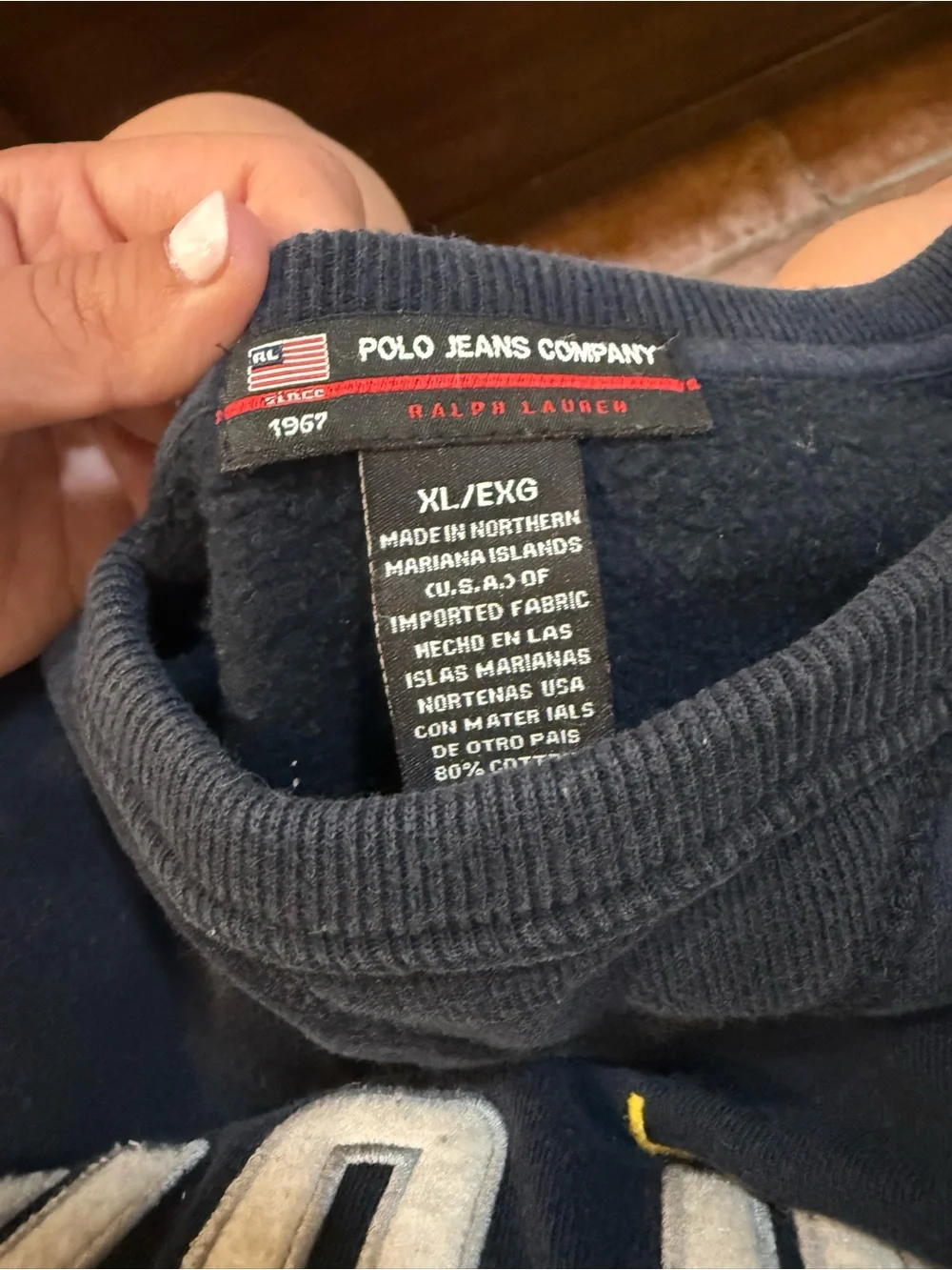 Ralph Lauren Polo Jeans Navy Crewneck Sweatshirt with White and Yellow Logo